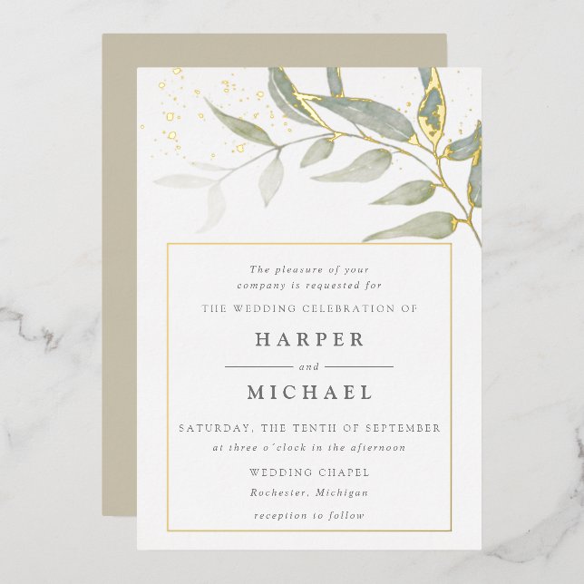 Watercolor leaf gold shimmer wedding foil invitati (Front/Back)