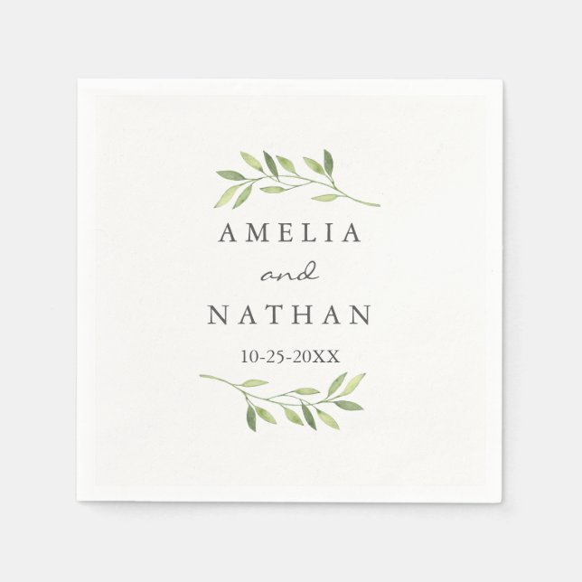 Watercolor Leaf Green Wreath Wedding Napkin (Front)