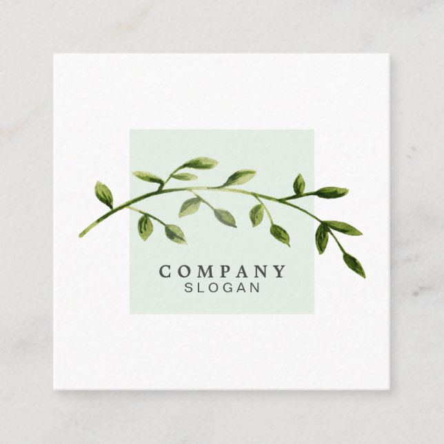 Watercolor Leaf Light Green Square Business Card (Front)