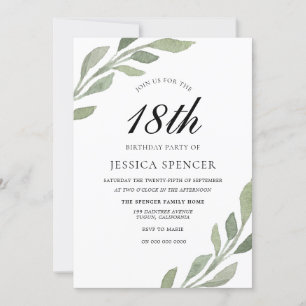 Watercolor Leaf Womans mens 18th Birthday Invite