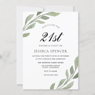 Watercolor Leaf Womans mens 21st Birthday Invite
