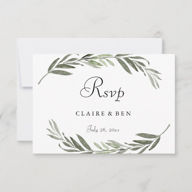 Watercolor leaf Wreath Wedding RSVP Card (Front)