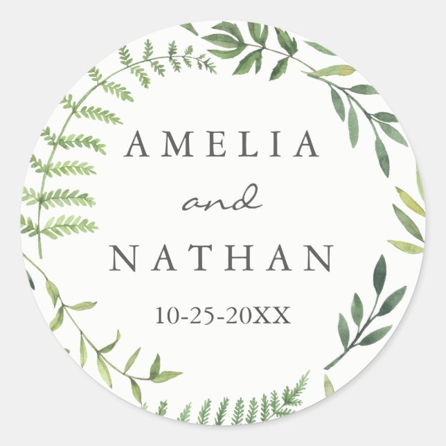 Watercolor Leaf Wreath Wedding Sticker (Front)