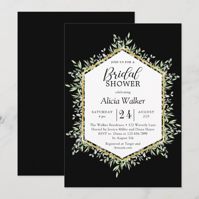 Watercolor leafy golden frame bridal shower invitation (Front/Back)