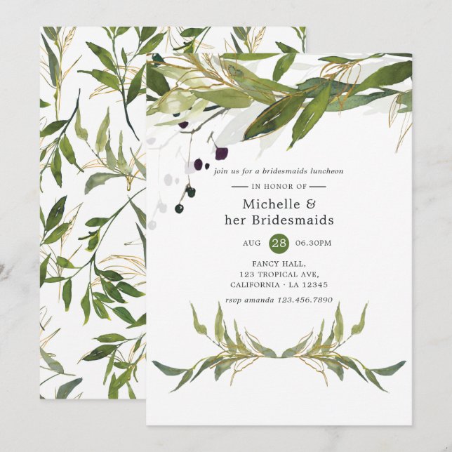 Watercolor Leafy Greenery Bridesmaids Luncheon Invitation (Front/Back)