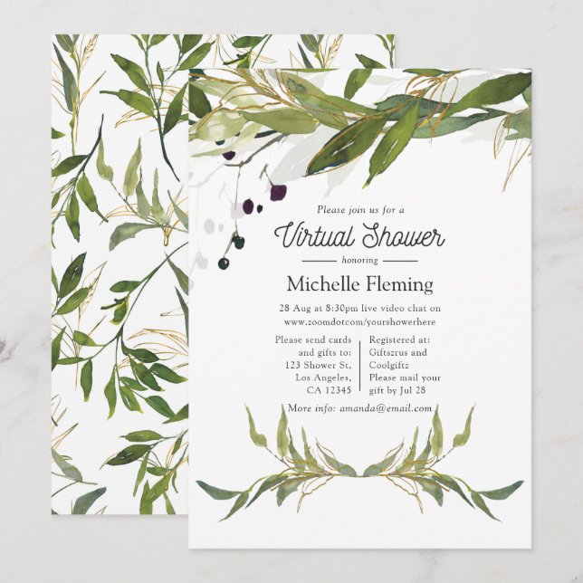 Watercolor Leafy Greenery Virtual Baby Shower Invitation (Front/Back)