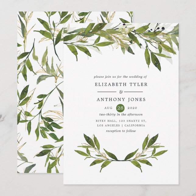 Watercolor Leafy Greenery Wedding Invitation (Front/Back)