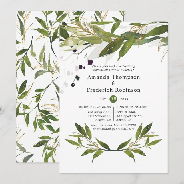 Watercolor Leafy Greenery Wedding Rehearsal Dinner Invitation (Front/Back)