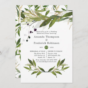 Watercolor Leafy Greenery Wedding Rehearsal Dinner Invitation