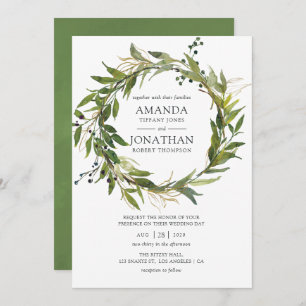 Watercolor Leafy Greenery Wreath Wedding Invitation