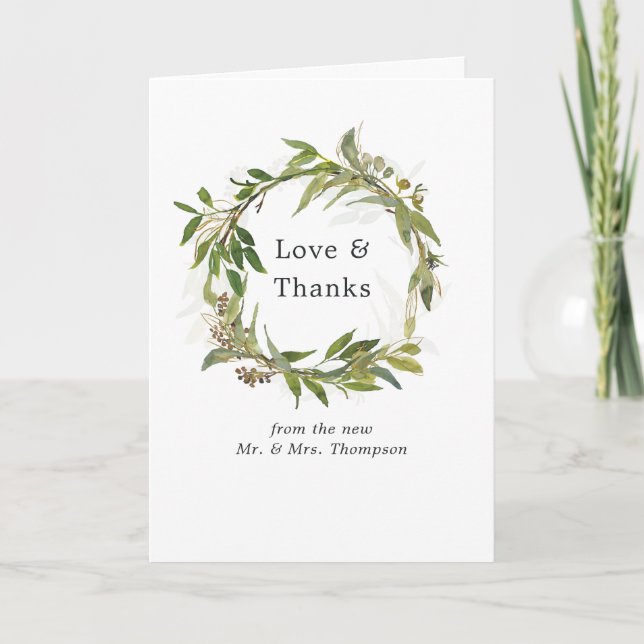 Watercolor Leafy Greenery Wreath Wedding Photo Thank You Card (Front)
