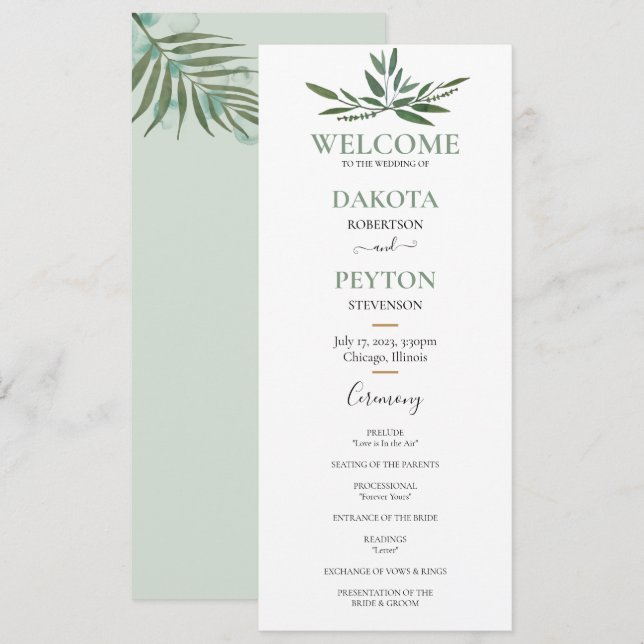 Watercolor Leaves 07a Wedding Ceremony Program Programme (Front/Back)