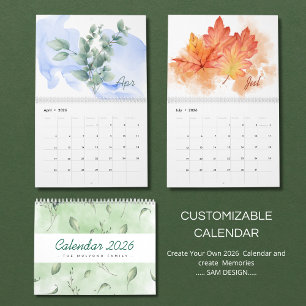 Watercolor Leaves 2026 Calendar Botanical Nature