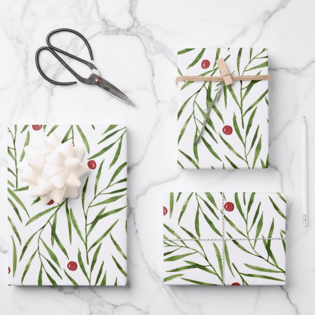 Watercolor Leaves and Berries Winter   Wrapping Paper Sheet (Front)