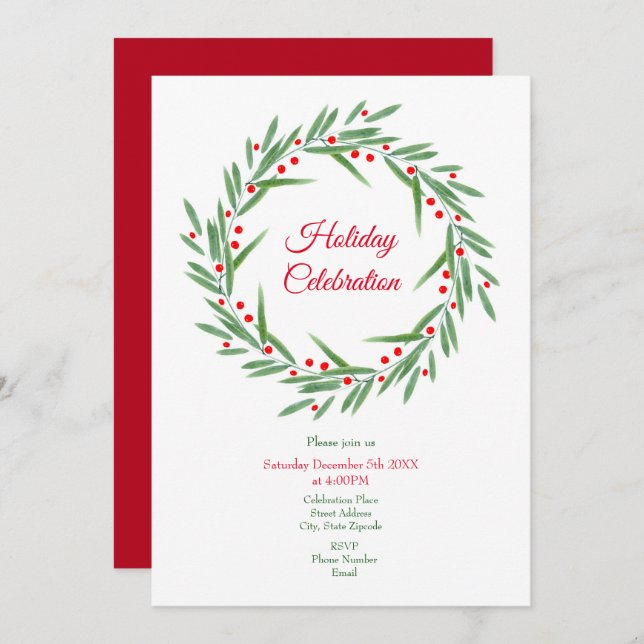 Watercolor Leaves and Berries Wreath Invitation (Front/Back)