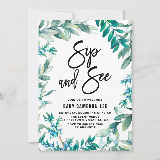 Watercolor Leaves and Berries Wreath Sip and See Invitation (Front)