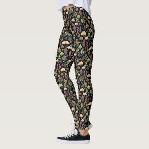 Watercolor leaves and ferns autumn forest black leggings