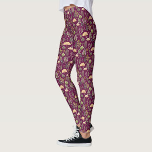 Watercolor leaves and ferns autumn forest burgundy leggings