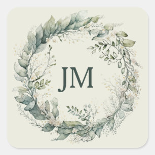 Watercolor leaves and flowers wreath square sticker