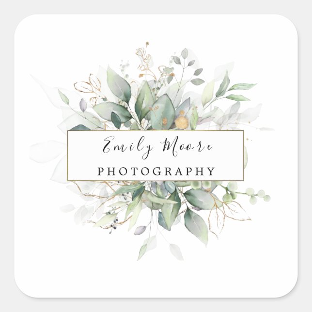 Watercolor Leaves And Gold Foliage Greenery Art Square Sticker (Front)
