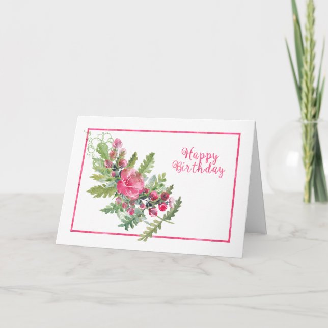 Watercolor Leaves and Pink Flowers Birthday Card (Front)