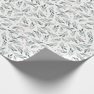 Watercolor leaves and red berries Christmas Wrapping Paper