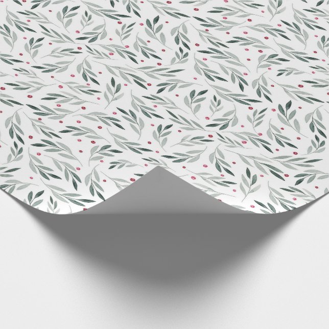 Watercolor leaves and red berries Christmas Wrapping Paper (Corner)