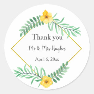 Watercolor Leaves and yellow flower  thank you Classic Round Sticker