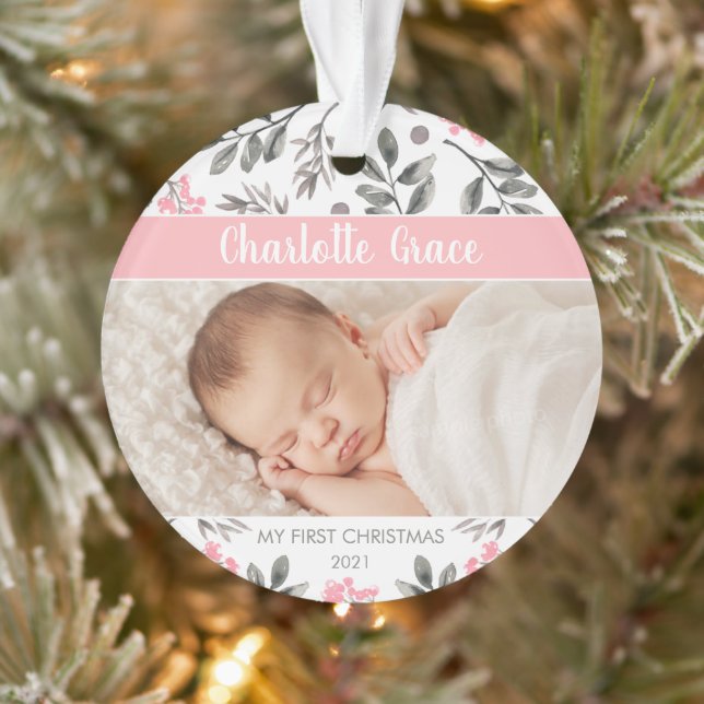 Watercolor Leaves Baby Girl First Christmas Photo Ornament (Tree)