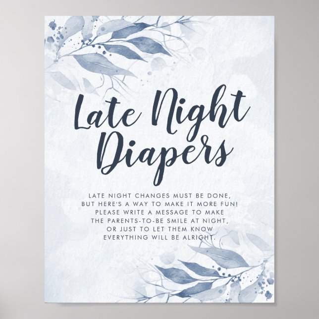 Watercolor Leaves Baby Shower Late Night Diapers Poster (Front)