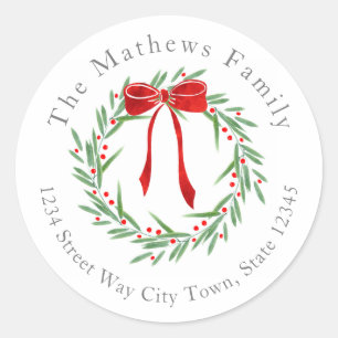 Watercolor Leaves, Berries & Bow Wreath Labels