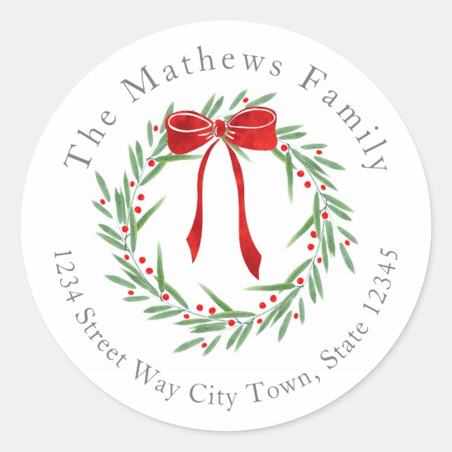 Watercolor Leaves, Berries & Bow Wreath Labels (Front)