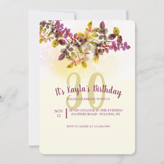Watercolor Leaves Birthday Invitation (Front)