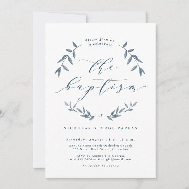 Watercolor leaves blue baptism invitation (Front)