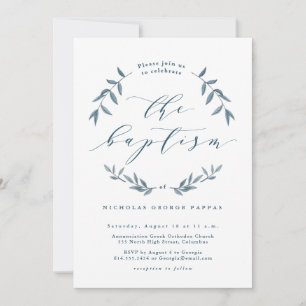 Watercolor leaves blue baptism invitation