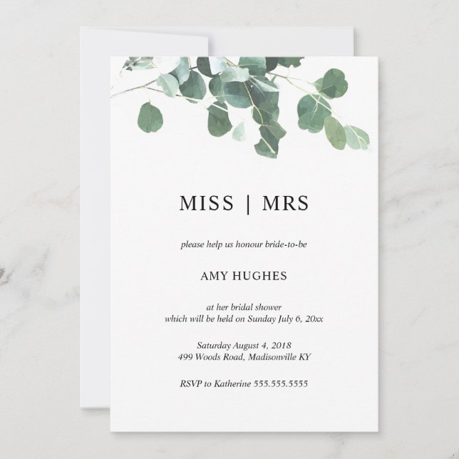 Watercolor leaves bridal shower invitation (Front)
