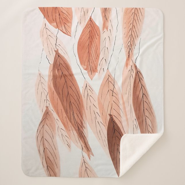 Watercolor Leaves Brown Terracotta Beige Blush Sherpa Blanket (Front)