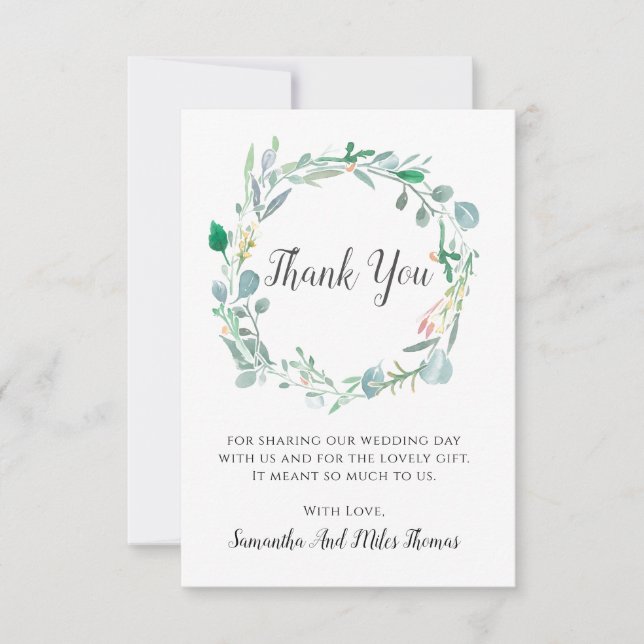 Watercolor Leaves & Buds Wedding Thank You Card (Front)