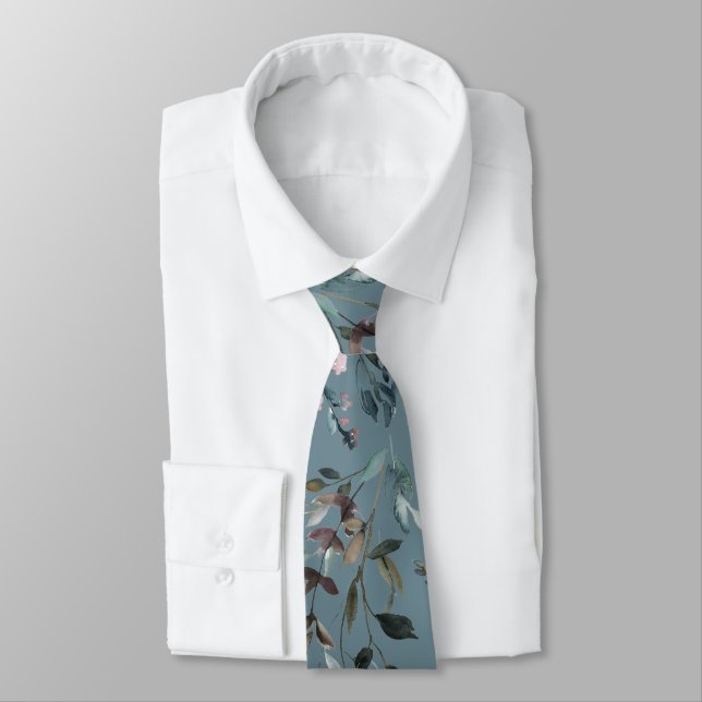 Watercolor Leaves Dusty Blue Tie (Tied)