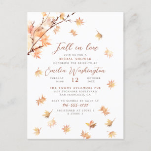 Watercolor Leaves "Fall In Love" Bridal Shower Invitation Postcard