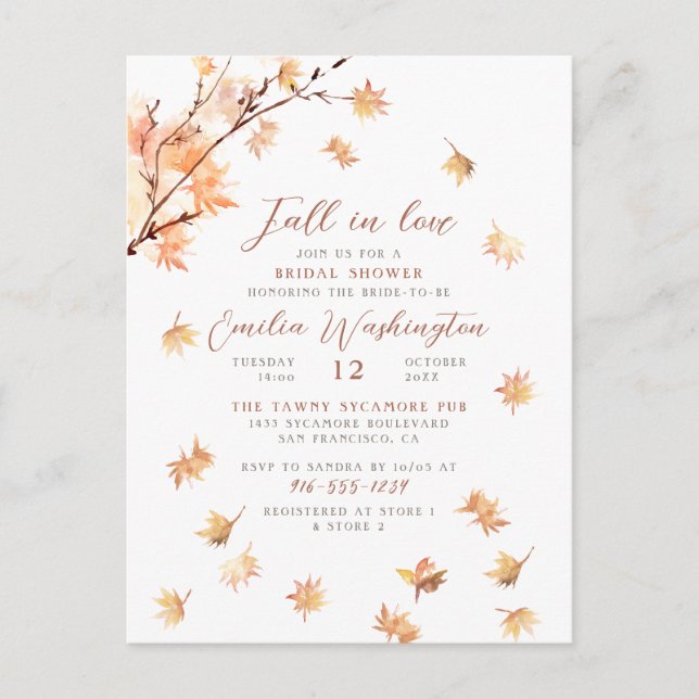 Watercolor Leaves "Fall In Love" Bridal Shower Invitation Postcard (Front)