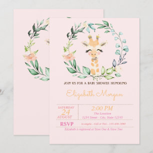 Watercolor Leaves Flower Baby Giraffe Baby Shower  Invitation