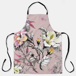 Watercolor Leaves Flowers Pink Pattern Apron