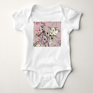 Watercolor Leaves Flowers Pink Pattern Baby Bodysuit