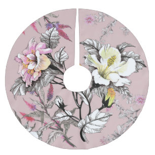 Watercolor Leaves Flowers Pink Pattern Brushed Polyester Tree Skirt
