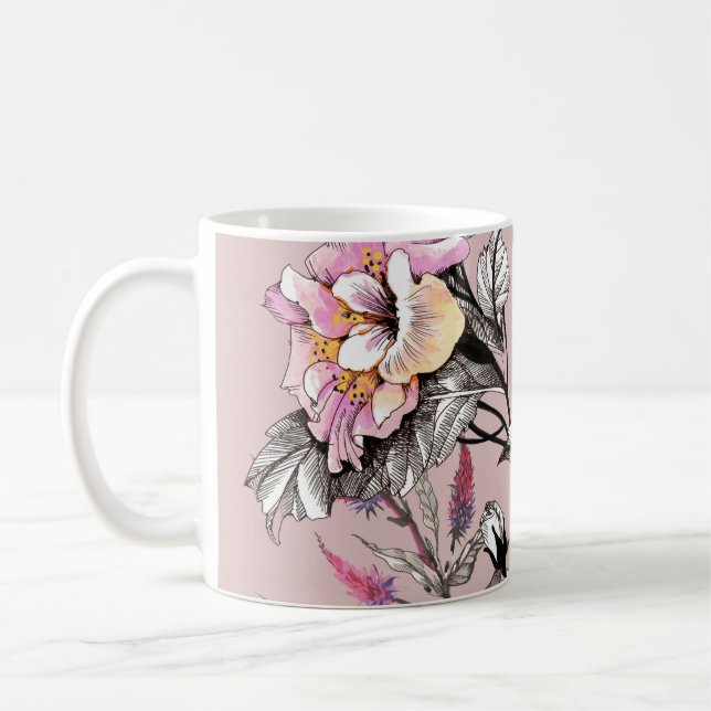 Watercolor Leaves Flowers Pink Pattern Coffee Mug (Left)