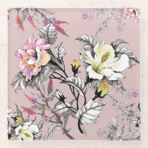 Watercolor Leaves Flowers Pink Pattern Glass Coaster