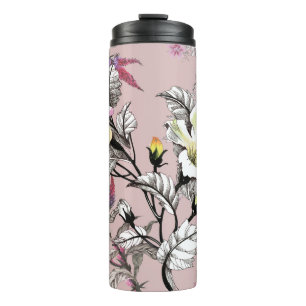 Watercolor Leaves Flowers Pink Pattern Thermal Tumbler
