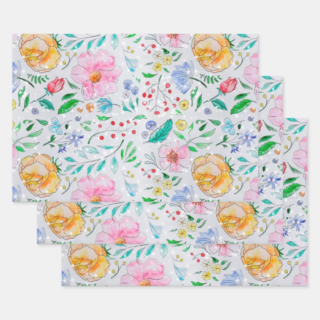 Watercolor Leaves & Flowers  Wrapping Paper Sheet (Set)