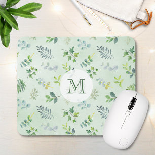Watercolor Leaves Foliage Greenery Monogram Mouse Mat